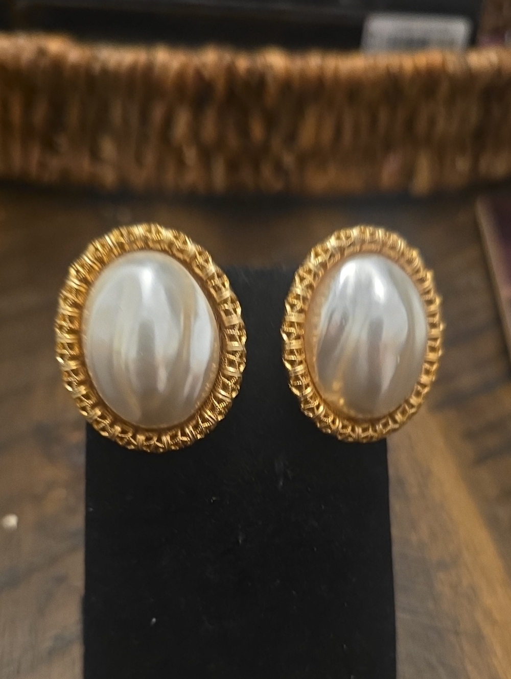 SaraCov Gold Frame Pearl Oval Clip-On Earrings